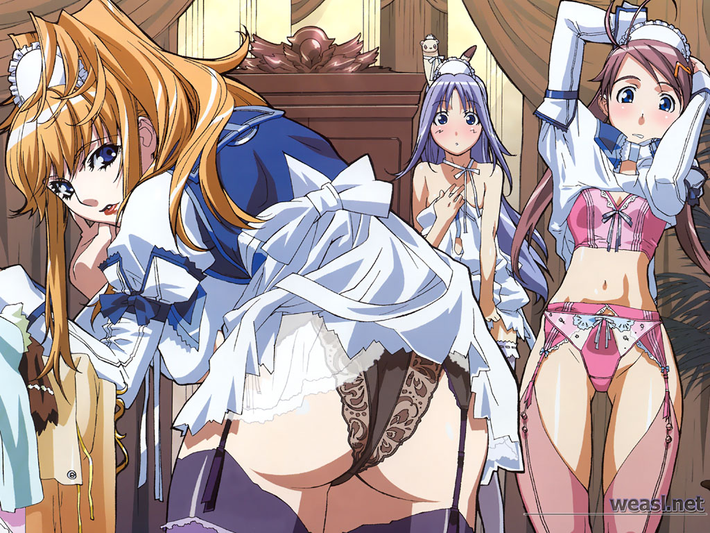 ass black_legwear black_panties blush bow bow_panties bra duplicate ebata_risa garter_belt gravion gravion_zwei gusuku_luna lace-trimmed_panties leele lingerie lolotte maid maid_headdress official_art panties pink_legwear pink_panties tachibana_mizuki thighhighs underwear undressing wallpaper