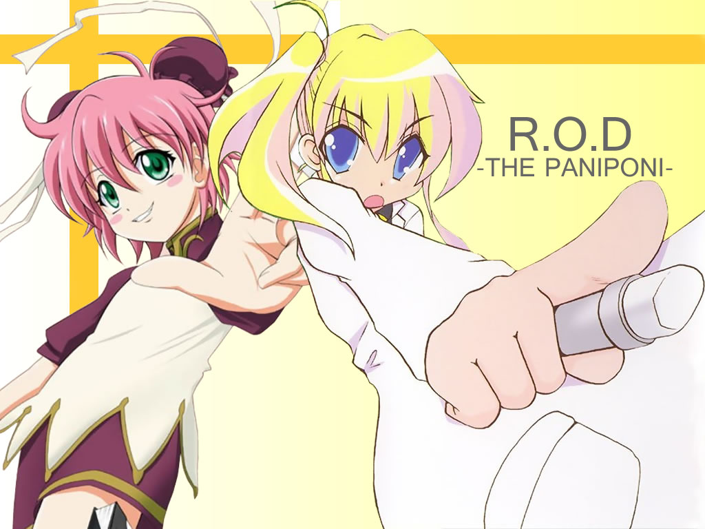 2girls anita_king back-to-back blonde_hair blue_eyes blush bun_cover chalk double_bun green_eyes multiple_girls open_mouth pani_poni_dash pani_poni_dash! pink_hair pointing r.o.d_the_tv read_or_die rebecca_miyamoto ribbon saitou_chiwa seiyuu_connection short_hair smile twintails wallpaper