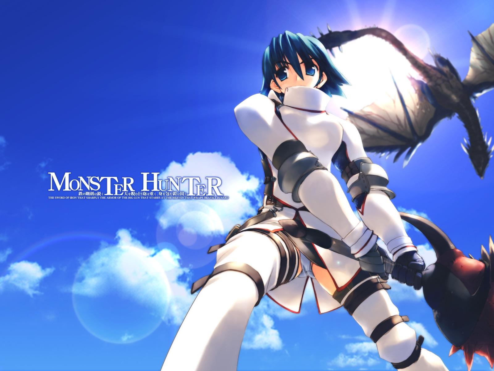 amazuyu_tatsuki armor bangs belt blue_eyes blue_hair blue_panties cloud dragon fantasy fighting_stance flying from_below gloves hammer highres huge_weapon khezu khezu_(armor) lens_flare monster_hunter outdoors panties pantyshot pantyshot_(standing) rathalos short_hair sky spikes spread_legs standing strap sun thigh_strap thighhighs thighs underwear upskirt wallpaper weapon white_legwear zettai_ryouiki