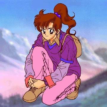 backpack bishoujo_senshi_sailor_moon boots brown_hair grass hair_bobbles happy kino_makoto mountains outdoors oversized_shirt ponytail shoelaces smile tying_shoes