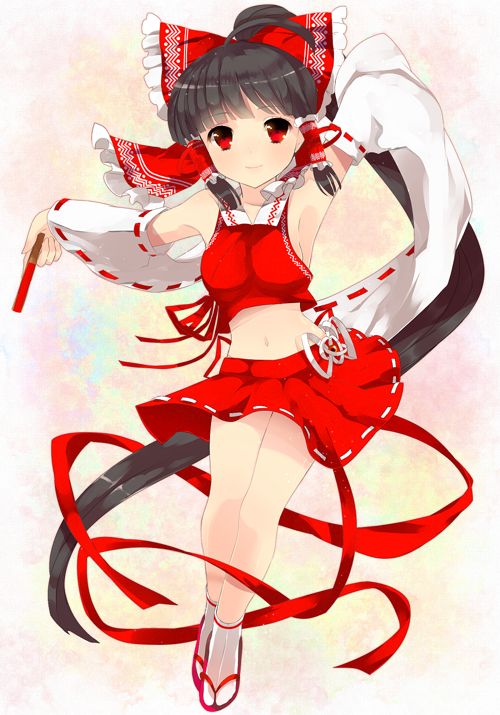 ahoge armpits ascot bad_id black_hair bow brown_hair detached_sleeves fan folding_fan hair_bow hakurei_reimu highres long_hair midriff miko navel no_bra ponytail red_eyes sandals skirt solo tabi touhou very_long_hair yonjiri