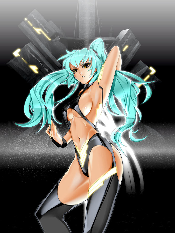 aqua_hair armpits bowa breasts hatsune_miku large_breasts long_hair navel orange_eyes ponytail sideboob solo thigh-highs thighhighs thighs under_boob underboob vocaloid yellow_eyes