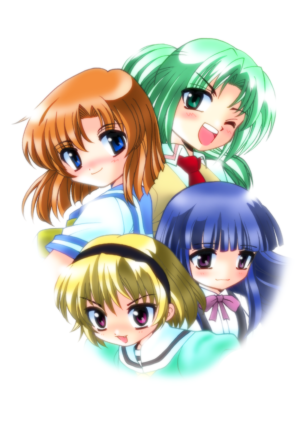 blue_eyes blue_hair brown_hair fang furude_rika green_eyes green_hair highres higurashi_no_naku_koro_ni houjou_satoko long_hair purple_eyes ryuuguu_rena school_uniform serafuku shirai_sanjirou short_hair sonozaki_mion violet_eyes wink