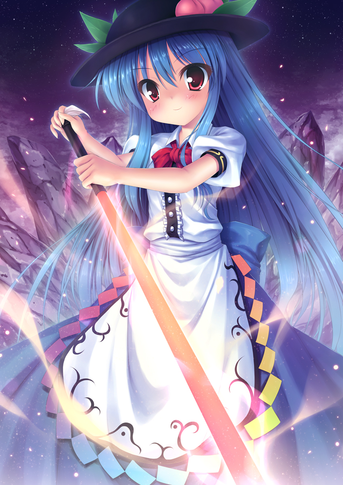 blue_hair food fruit hat hinanawi_tenshi long_hair long_skirt peach red_eyes skirt solo sword sword_of_hisou takeponi touhou weapon