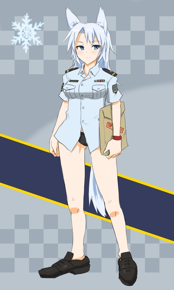 animal_ears bad_id blue_eyes blue_hair blush commentary long_hair military military_uniform no_pants no_socks ogitsune_(ankakecya-han) original original_character panties solo strike_witches strike_witches_1991 tail underwear uniform