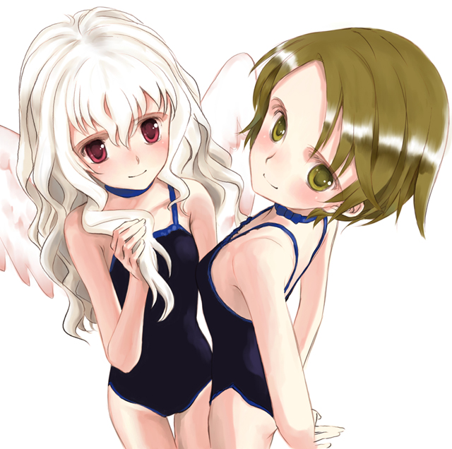 brown_eyes brown_hair koishikawa_kohane loli multiple_girls one-piece_swimsuit period red_eyes sawatari_aoi swimsuit teen white_hair wings