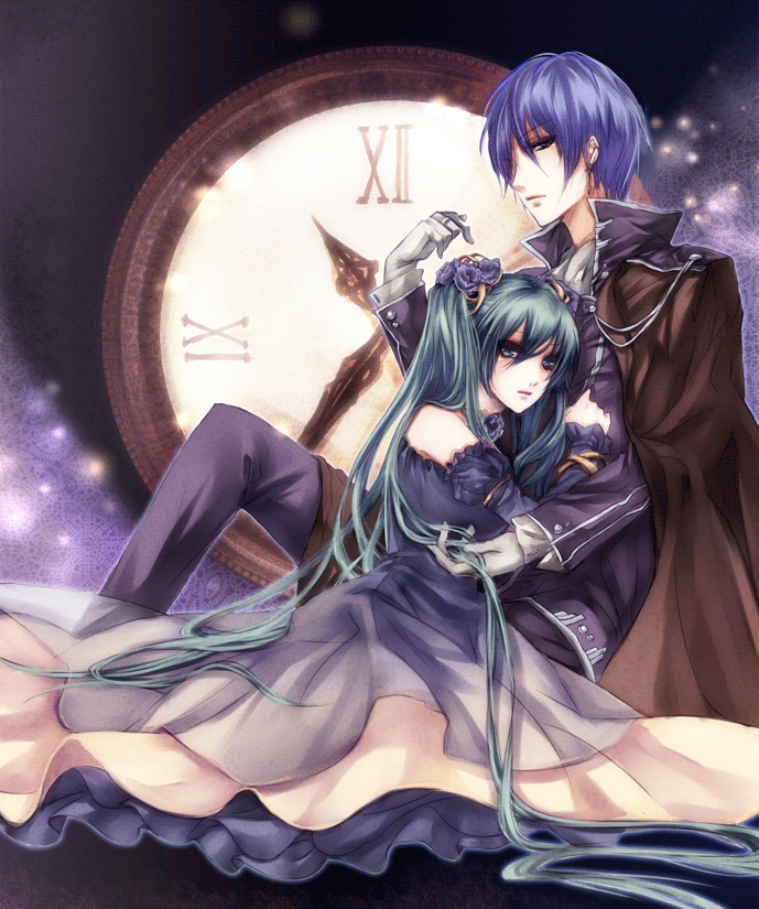 1boy 1girl aqua_eyes aqua_hair blue_eyes blue_hair cantarella_(vocaloid) cape clock couple detached_sleeves dress earrings flower formal gloves hair_flower hair_ornament hatsune_miku hetero jewelry kaito long_hair shinhwe sitting very_long_hair vocaloid