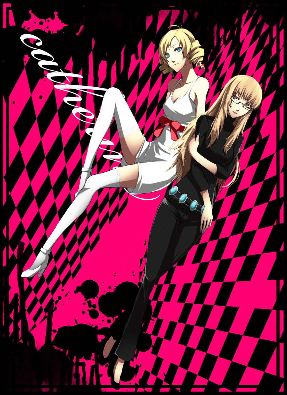 2girls bad_id belt blonde_hair blue_eyes bow breasts catherine catherine_(game) checkered checkered_background cleavage dress drill_hair glasses grey_eyes high_heels highres katherine_(catherine) katherine_mcbride leg_up legs long_hair long_legs multiple_girls nail_polish pants pizaya s_tanly shoes sweater thigh-highs thighhighs thighs white_legwear