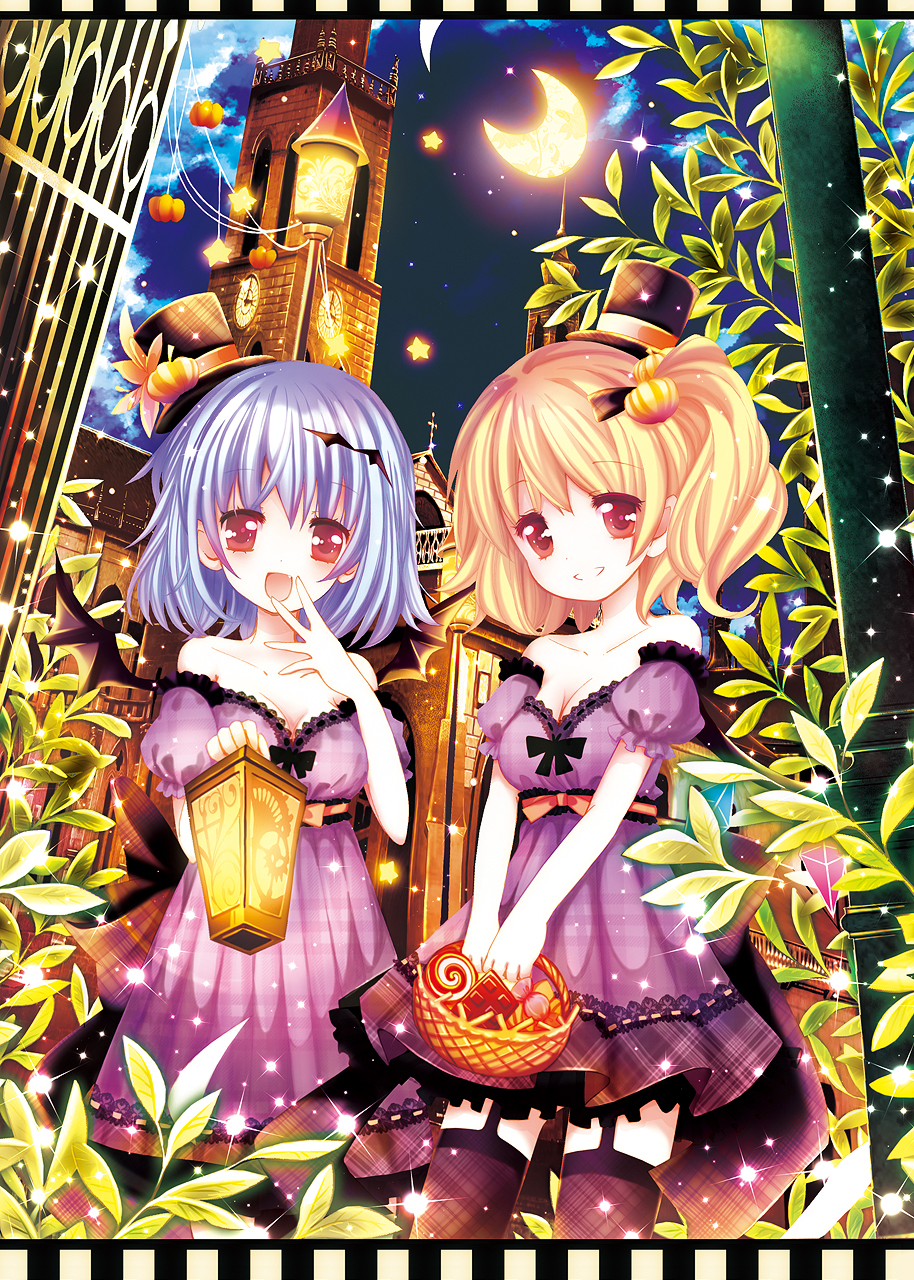 alternate_costume basket bat_wings blonde_hair blue_hair breasts castle catbell cleavage clock clock_tower crescent_moon fang flandre_scarlet garter_straps hand_over_mouth hat highres lamppost lantern mini_top_hat moon multiple_girls night open_mouth ponytail red_eyes remilia_scarlet short_hair siblings side_ponytail sisters smile sparkle tareme thighhighs top_hat touhou tower wings zettai_ryouiki