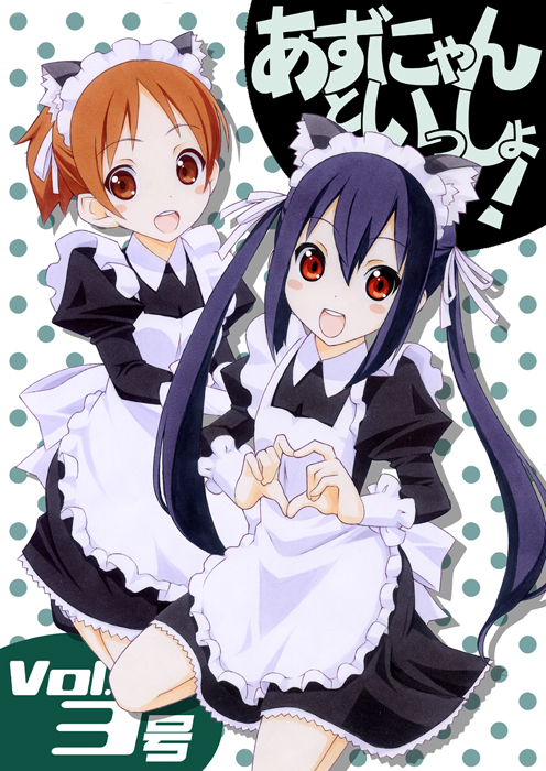 alternate_costume animal_ears black_hair brown_eyes brown_hair cat_ears enmaided heart heart_hands hirasawa_ui k-on! long_hair maid maid_headdress marker_(medium) millipen_(medium) nakano_azusa open_mouth payot polka_dot polka_dot_background ponytail shirohebidou short_hair smile teen traditional_media twintails