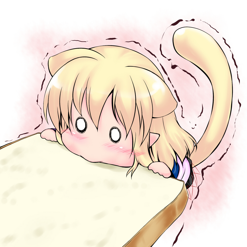 animal_ears arm_warmers blonde_hair blush bread bread_in_mouth cat_ears cat_tail chibi extra_ears food hoshizuki_(seigetsu) kemonomimi_mode minigirl mizuhashi_parsee o_o pointy_ears puru-see scarf seigetu short_hair solo tail touhou trembling