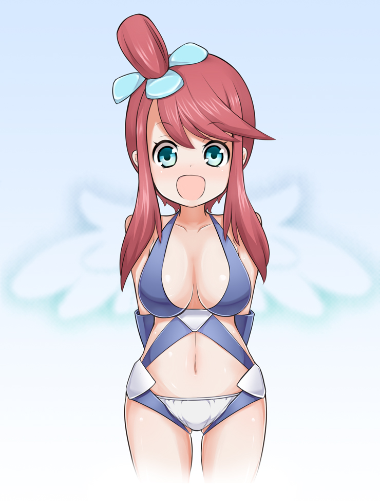 artist_request bare_shoulders blush breasts cleavage coldfront fuuro_(pokemon) green_eyes gym_leader long_hair navel open_mouth pokemon pokemon_(game) pokemon_black_and_white pokemon_bw ponytail red_hair redhead side_ponytail solo