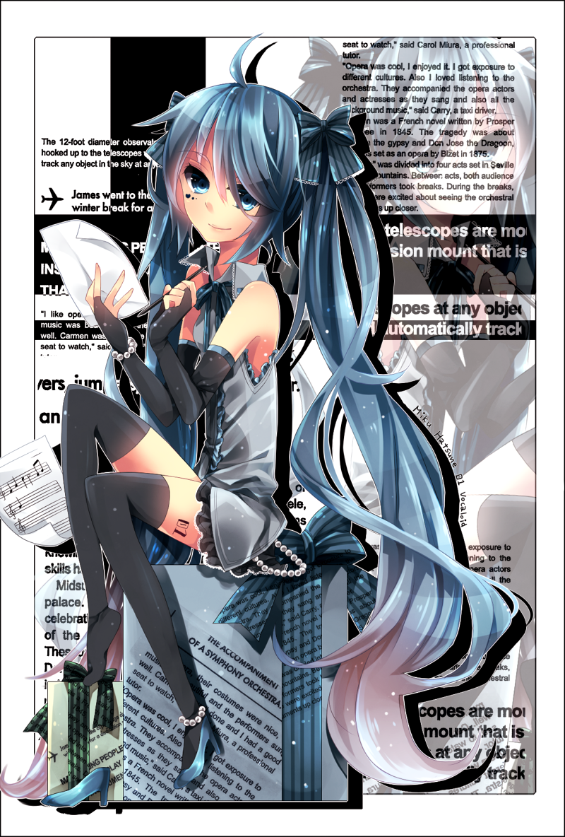 akizuki_mizuho anklet bad_id blue_eyes blue_hair bow bracelet bridal_gauntlets elbow_gloves gift gloves hair_bow hatsune_miku hazuki_mizuho high_heels jewelry long_hair sheet_music shoes single_shoe sitting smile thigh-highs thighhighs twintails very_long_hair vocaloid