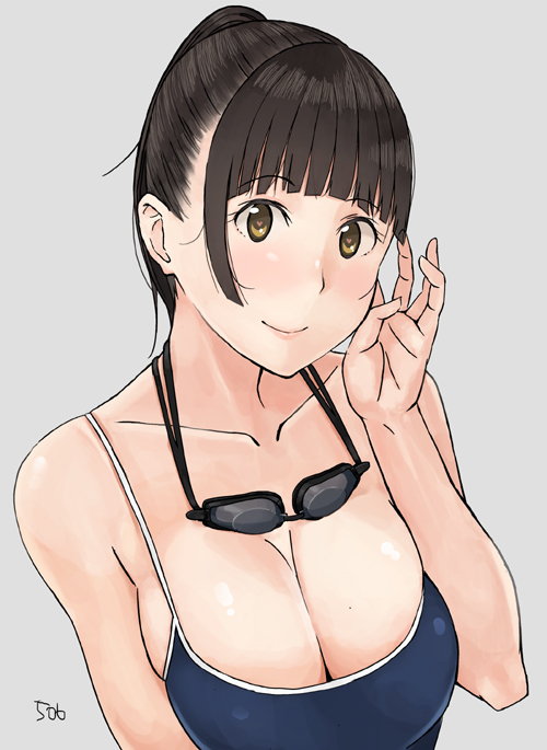 506_(studio_506) breasts brown_eyes brown_hair cleavage collarbone face goggles goggles_around_neck hands large_breasts lipstick one-piece_swimsuit original ponytail signature simple_background smile solo swimsuit