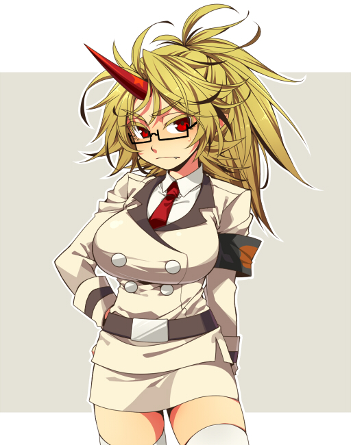 armband bespectacled blonde_hair breasts cosplay fang glasses horn horns hoshiguma_yuugi kiri_futoshi kneesocks_(character) kneesocks_(character)_(cosplay) kneesocks_(psg) kneesocks_(psg)_(cosplay) large_breasts long_hair messy_hair military military_uniform miniskirt necktie panty_&amp;_stocking_with_garterbelt ponytail red_eyes skirt solo sweatdrop thighhighs touhou uniform zettai_ryouiki