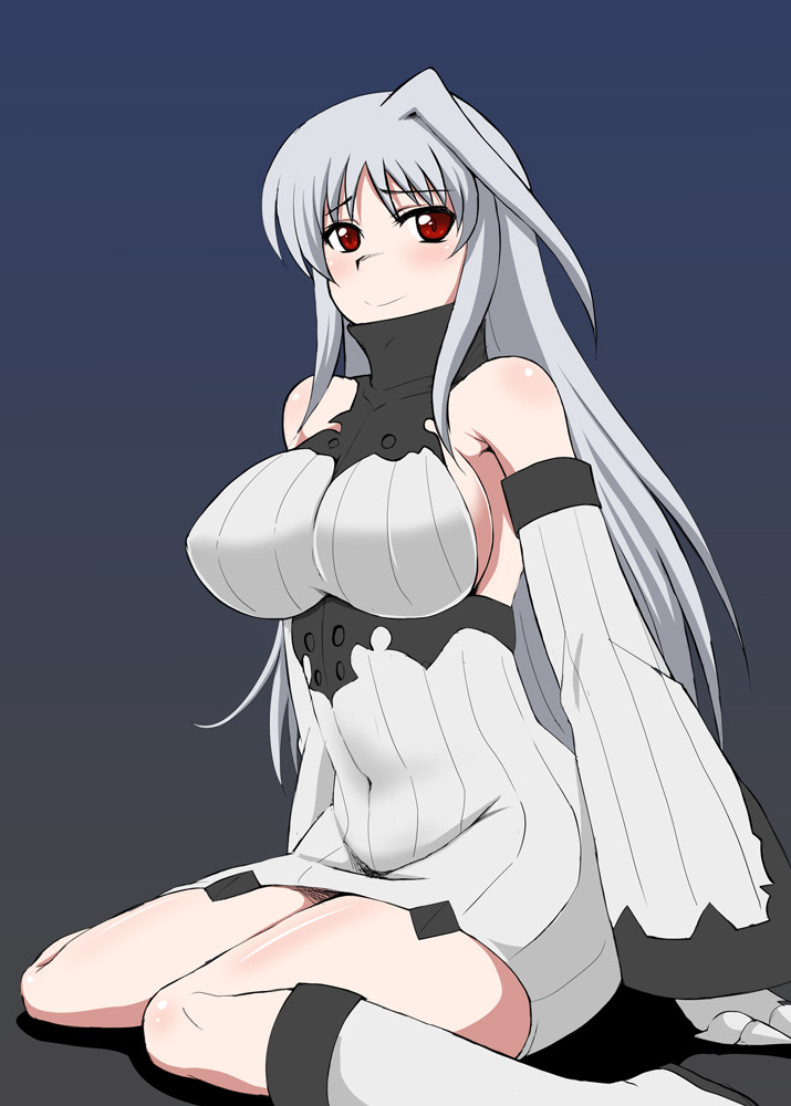 1girl bare_shoulders breasts cosplay detached_sleeves kantai_collection large_breasts long_hair lyrical_nanoha mahou_shoujo_lyrical_nanoha mahou_shoujo_lyrical_nanoha_a's red_eyes reinforce ribbed_dress seaport_hime seaport_hime_(cosplay) shinkaisei-kan sideboob solo white_hair zerosu_(take_out)
