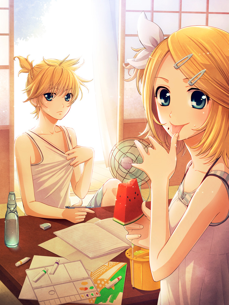 :p blue_eyes bow brother_and_sister casual electric_fan food fruit hair_bow hair_ornament hair_ribbon hairclip hima_(ab_gata) kagamine_len kagamine_rin ponytail ribbon short_hair short_ponytail siblings side_ponytail sitting sleeveless smile summer tongue twins vocaloid watermelon