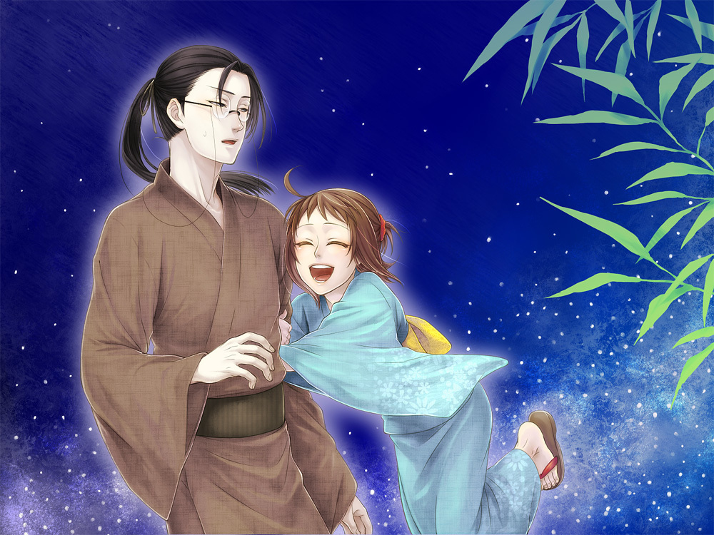 1girl angela_(harvest_moon) arm_grab bamboo black_hair brown_hair closed_eyes couple glasses hal_(sakurajam) harvest_moon harvest_moon_animal_parade harvest_moon_tree_of_tranquility japanese_clothes jin_(harvest_moon) kimono ponytail poytail sandals yukata