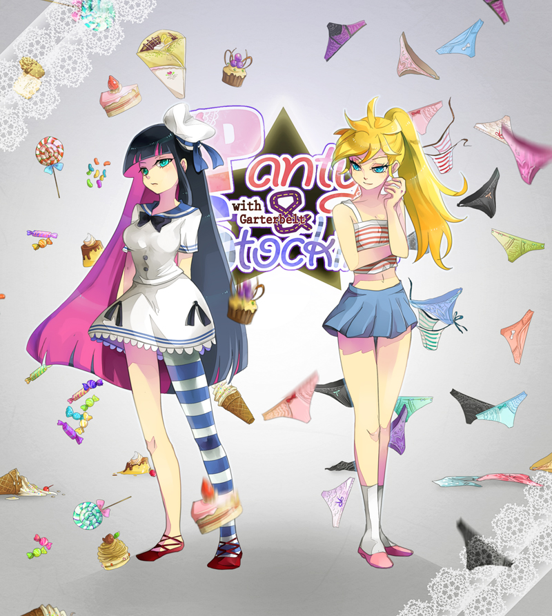 cake candy food hat ice_cream_cone jelly_bean jond.dm legs lollipop long_hair multiple_girls multiple_panties navel panties panty_&amp;_stocking_with_garterbelt panty_(character) panty_(psg) sailor_dress single_thighhigh stocking_(character) stocking_(psg) striped striped_legwear striped_thighhighs thigh-highs thighhighs underwear