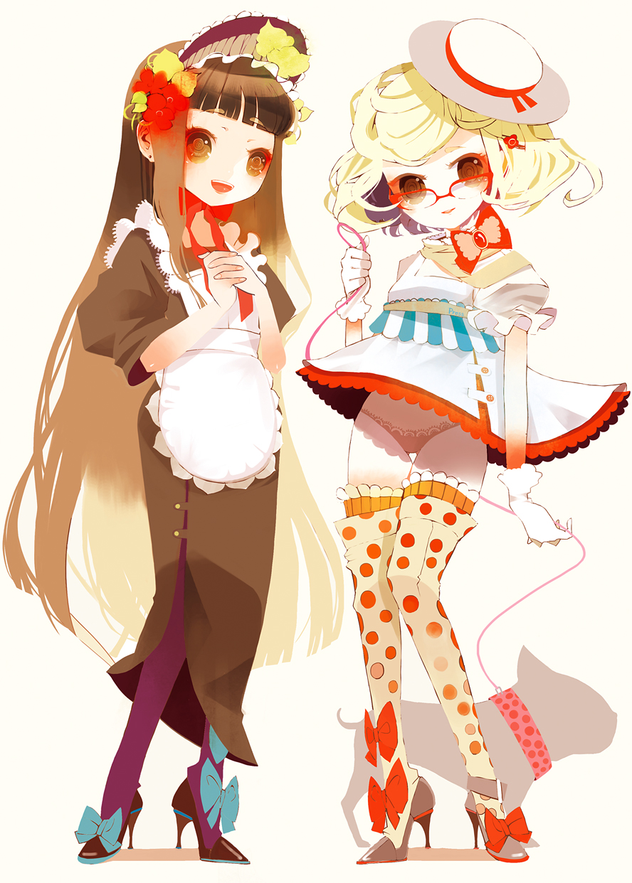 apron blonde_hair blush body_blush bow brown_hair dog dress fashion flower glasses hair_ornament hairclip hat high_heels highres lace-trimmed_panties leash long_hair maid_headdress multiple_girls open_mouth orange_legwear original panties pantyhose polka_dot polka_dot_legwear porkpie_hat purple_legwear shirako_mugi shoes short_hair silhouette simple_background smile striped thigh-highs thighhighs underwear vertical_stripes very_long_hair