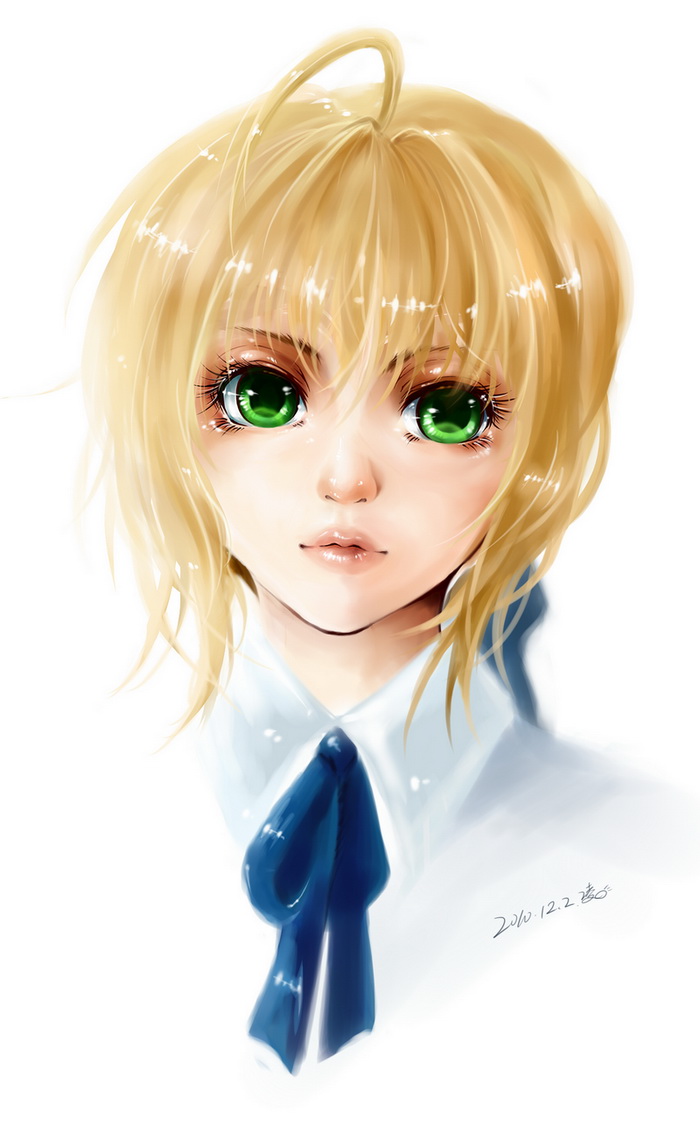 2010 ahoge blonde_hair face fate/stay_night fate_(series) green_eyes lips portrait realistic riku_(lingsky) saber signature simple_background solo