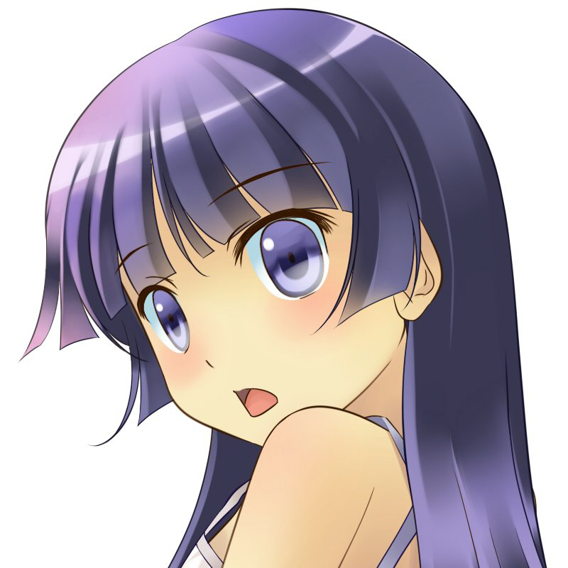 bad_id bare_shoulders blue_eyes blue_hair blush close-up face gokou_ruri hime_cut long_hair looking_back onaka_sukisuki open_mouth ore_no_imouto_ga_konna_ni_kawaii_wake_ga_nai portrait simple_background solo surprised