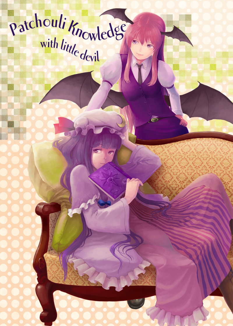2girls bat_wings book boots character_name checkered checkered_background couch crescent dress frills hair_ribbon hand_on_hip hat head_tilt head_wings hiraoka_masamune koakuma long_hair multiple_girls necktie patchouli_knowledge pillow purple_hair redhead ribbon smile touhou vest violet_eyes wings
