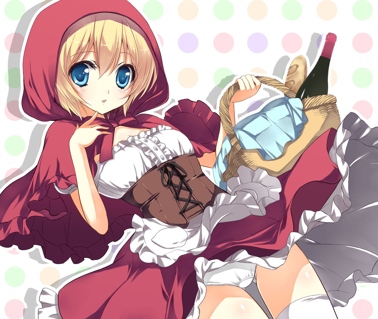 artist_request blonde_hair blue_eyes bottle bread capelet food grimm's_fairy_tales hood little_red_riding_hood little_red_riding_hood_(character) little_red_riding_hood_(grimm) panties pantyshot short_hair skirt solo underwear upskirt yukiwo