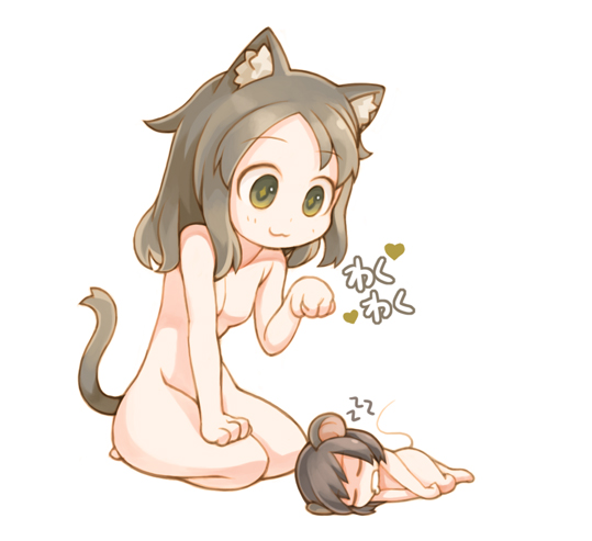 :3 animal_ears black_hair cat_ears cat_pose cat_tail chibi closed_eyes drooling eyes_closed green_eyes heart lowres lying miniboy mouse_ears nude on_side original paw_pose ran_system seiza simple_background sitting sleeping smile tail z