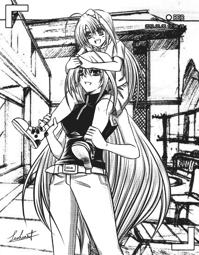 carrying leoheart long_hair lyrical_nanoha mahou_shoujo_lyrical_nanoha mahou_shoujo_lyrical_nanoha_a's mahou_shoujo_lyrical_nanoha_a's mahou_shoujo_lyrical_nanoha_strikers monochrome open_mouth recording reinforce reinforce_zwei shoulder_carry smile viewfinder