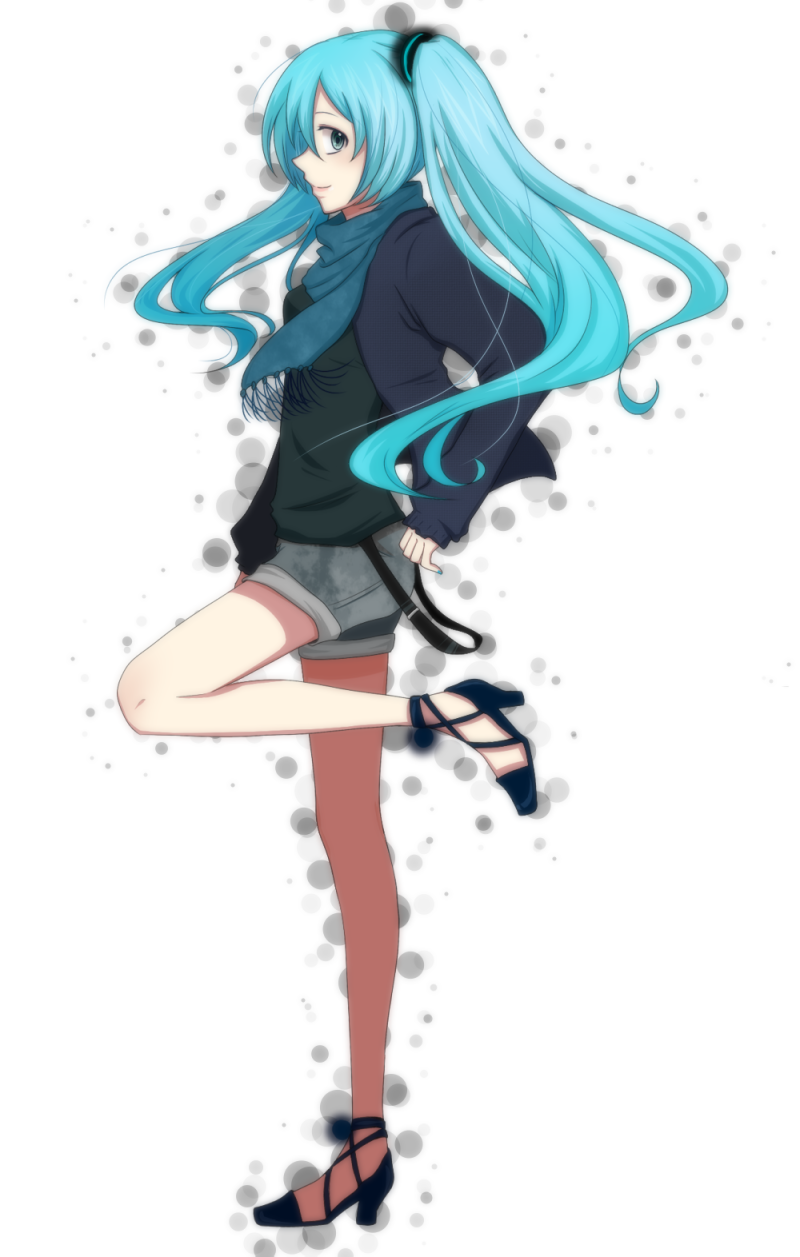 aqua_eyes aqua_hair female full-body hatsune_miku high_heels highres legs long_hair nicarali profile scarf shoes simple_background solo standing twintails upright vocaloid