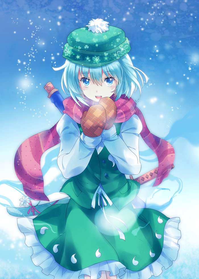 beanie blue_eyes breath flower hat katana konpaku_youmu konpaku_youmu_(ghost) looking_up mittens pico_(artist) pico_(picollector79) scarf shimamura_youmu short_hair silver_hair smile snow solo striped striped_scarf sword touhou weapon