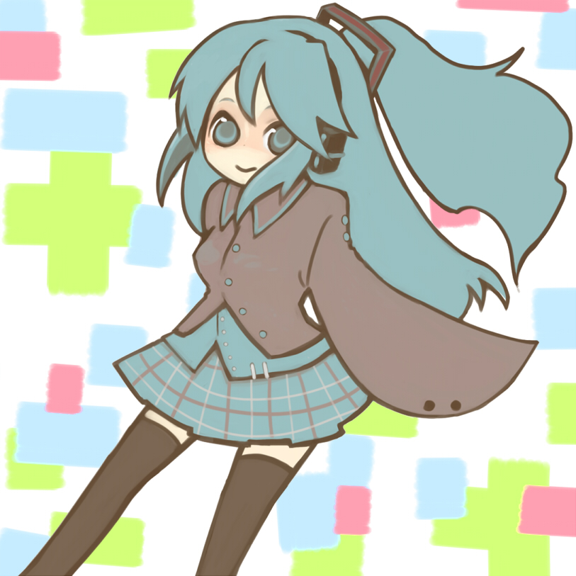 happy hatsune_miku pattern patterned ponytail school_uniform thighhighs vocaloid