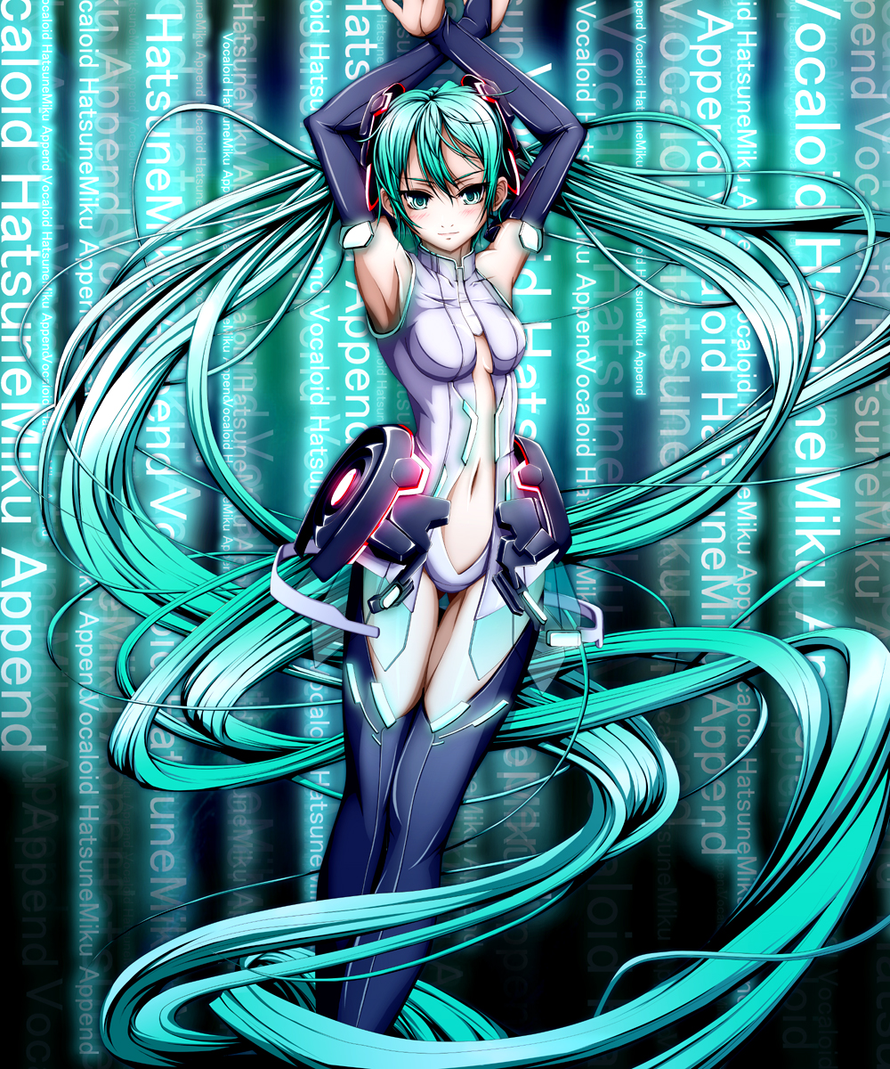 aqua_eyes aqua_hair armpits arms_up belt blush breasts bridal_gauntlets center_opening character_name hachimitsu_candy hatsune_miku hatsune_miku_(append) headphones highres long_hair miku_append navel necktie solo text_background thighhighs twintails very_long_hair vocaloid vocaloid_append wall_of_text