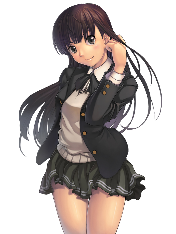 amagami ayatsuji_tsukasa black_eyes blazer blush brown_hair jak long_hair original school_uniform simple_background smile solo sweater_vest