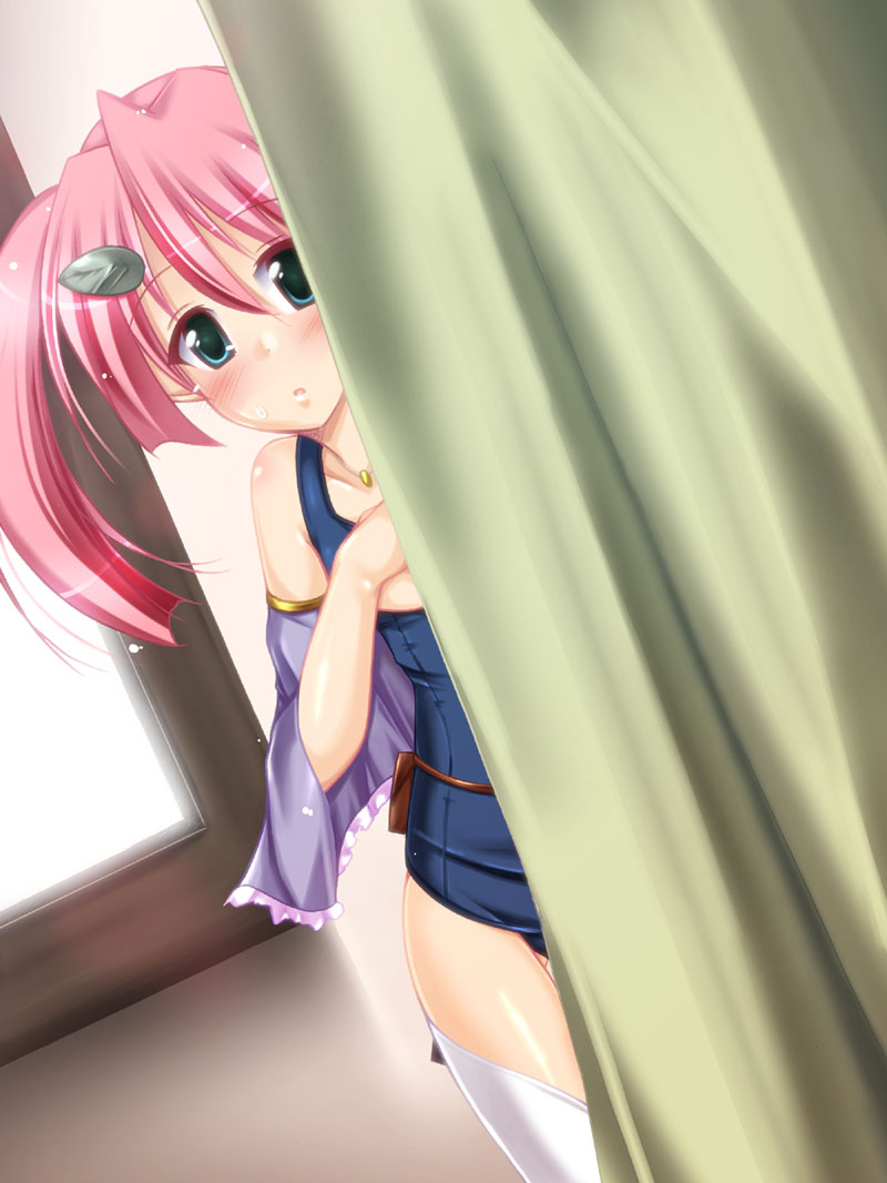 a_master_is_out curtains dutch_angle long_hair one-piece_swimsuit original peeking_out pink_hair school_swimsuit solo swimsuit thigh-highs thighhighs twintails uminchu