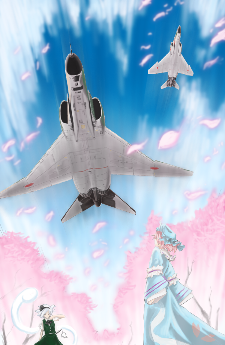 airplane chanko cherry_blossoms f-4_phantom_ii fighter_jet flying jet konpaku_youmu konpaku_youmu_(ghost) military multiple_girls myon petals pun saigyouji_yuyuko sky touhou tree