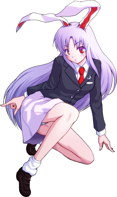 animal_ears arm_support blazer bunny_ears crescent loafers long_hair looking_at_viewer loose_socks lowres m-shiganai necktie one_knee panties pointing purple_eyes red_eyes reisen_udongein_inaba shoes socks solo striped striped_panties touhou transparent_background underwear very_long_hair violet_eyes