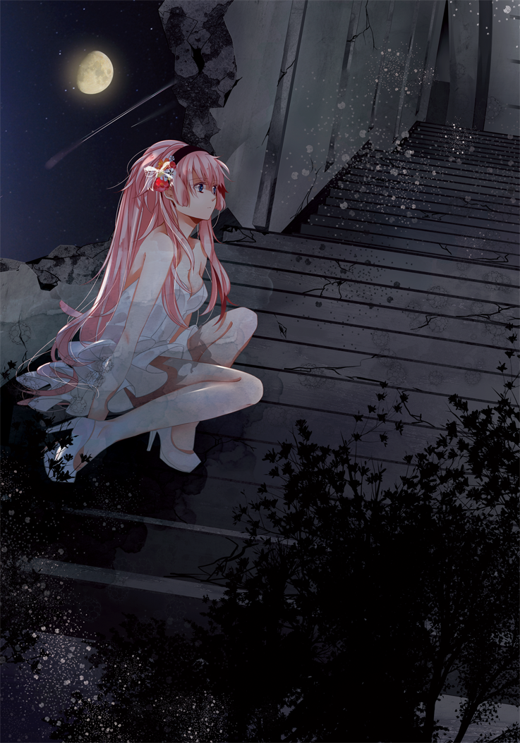 bad_id blue_eyes dress flower hair_flower hair_ornament hairband hatsuko high_heels legs long_hair megurine_luka moon night pink_hair shoes sitting sky solo stairs star star_(sky) vocaloid white_dress