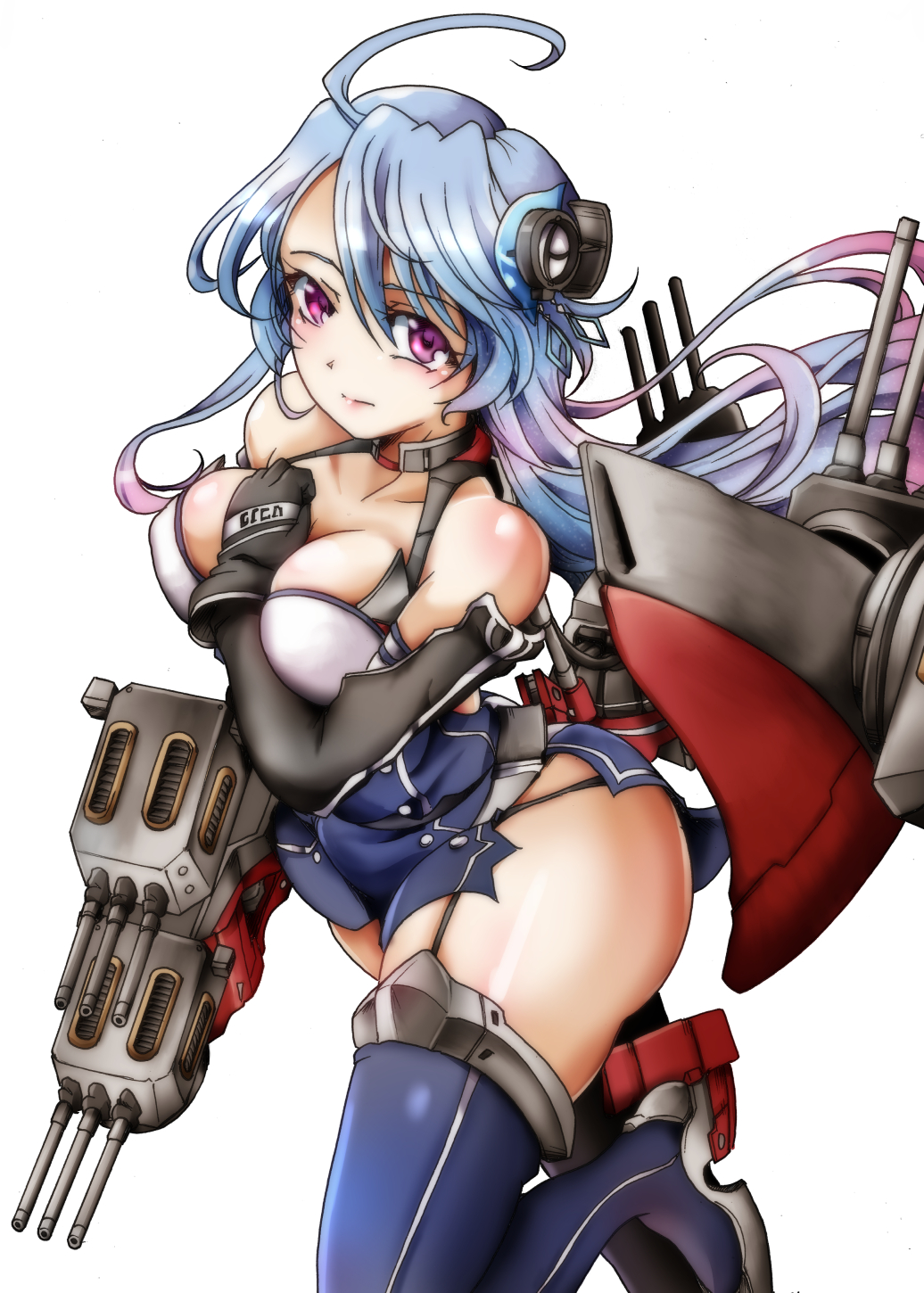 1girl ahoge azur_lane bangs bare_shoulders between_breasts black_gloves black_panties blue_hair blue_legwear blush breasts cannon cleavage collarbone dress elbow_gloves eyebrows_visible_through_hair gloves hair_ornament headgear helena_(azur_lane) highres jewelry long_hair looking_at_viewer machinery medium_breasts millipen_(medium) necklace open_mouth panties rigging simple_background smile solo standing standing_on_one_leg suga_leon thigh-highs traditional_media turret underwear very_long_hair violet_eyes white_background