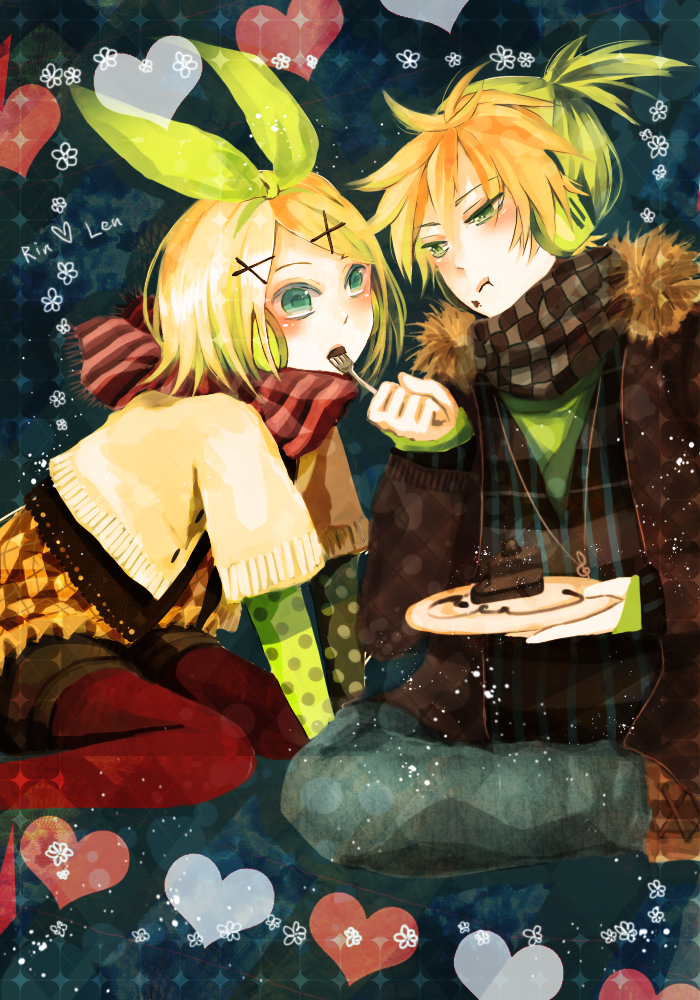 argyle bad_id blonde_hair boots feeding flower food fork green_eyes hair_bow hairclip headphones heart kagamine_len kagamine_rin miyake_achi pantyhose patterned polka_dot red_legwear scarf siblings striped twins vertical_stripes vocaloid