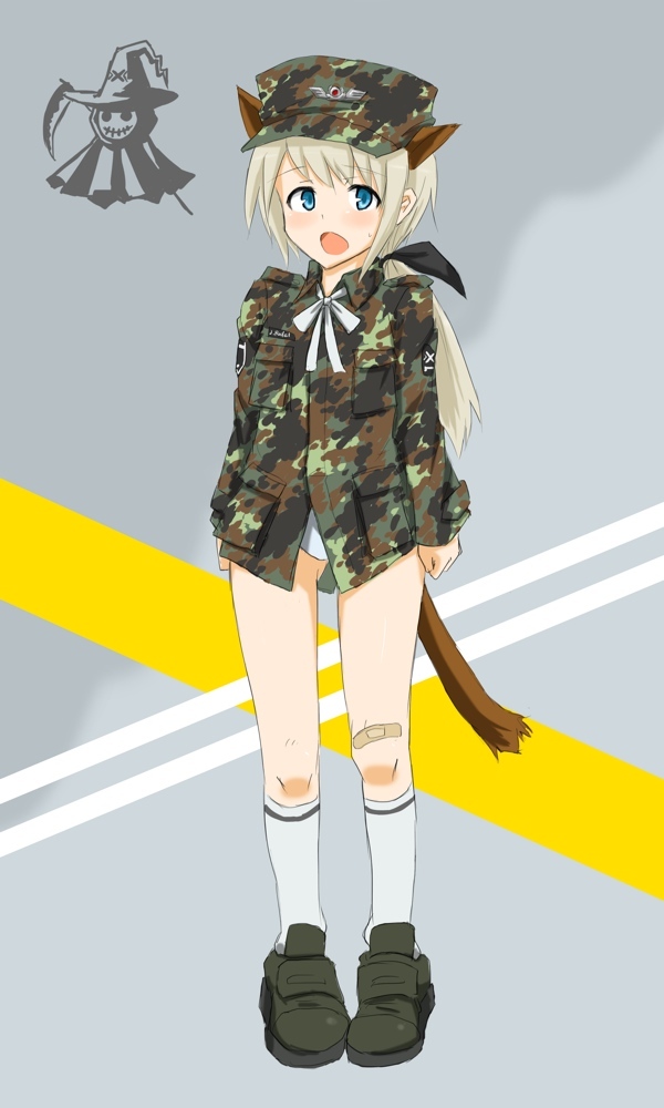 animal_tail bad_id bandaid blonde_hair blue_eyes camouflage hair_ribbon long_hair military military_uniform ogitsune_(ankakecya-han) original ponytail ribbon socks solo strike_witches strike_witches_1991 sweatdrop tail uniform