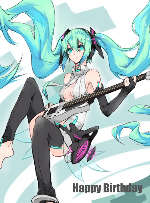 aqua_hair bad_id barefoot guitar gyaku_tsubasa hatsune_miku hatsune_miku_(append) instrument long_hair miku_append thigh-highs thighhighs vocaloid vocaloid_append