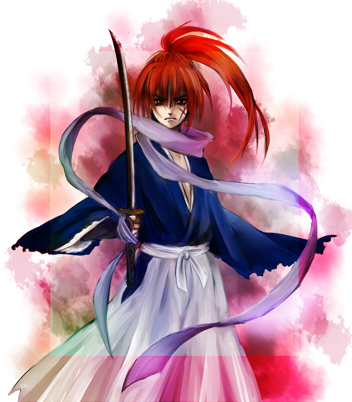 a_mimimi blood frame frown gradient himura_kenshin japanese_clothes katana male ponytail red_hair redhead rurouni_kenshin scar scarf solo sword weapon