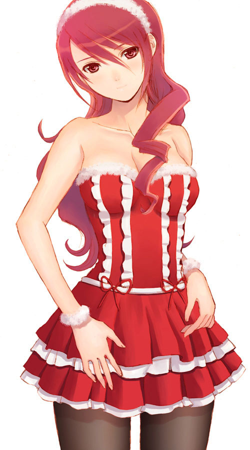 black_legwear black_pantyhose blush breasts hat headband hijiri_ruka kirijou_mitsuru long_hair pantyhose persona persona_3 red_eyes red_hair redhead santa_costume santa_hat solo wristband