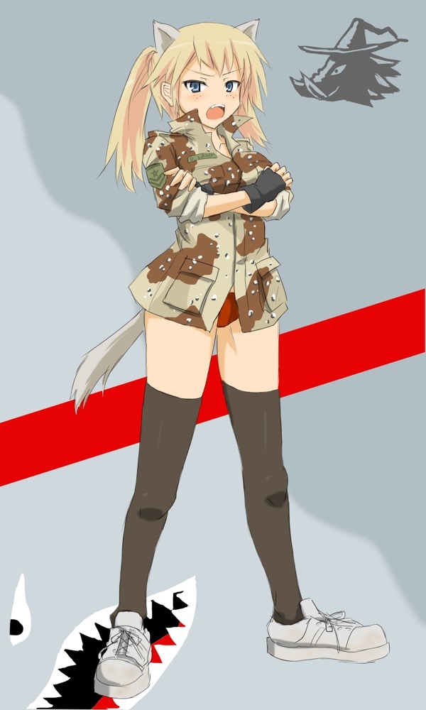 bad_id black_legwear blonde_hair blue_eyes camouflage crossed_arms fingerless_gloves freckles gloves ogitsune_(ankakecya-han) open_mouth original ponytail sleeves_rolled_up solo strike_witches strike_witches_1991 tail thighhighs uniform