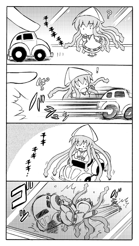 4koma ? accident bracelet car choro-q comic fingers gikogakodo hat ikamusume jewelry long_hair mini-ikamusume minigirl monochrome motor_vehicle riding shinryaku!_ikamusume silent_comic tentacle_hair toy vehicle wakabayashi_makoto window