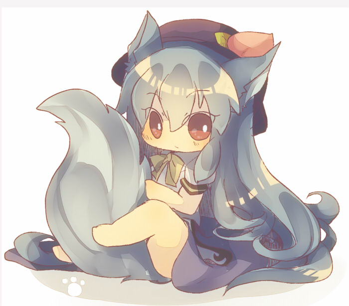 animal_ears bad_id blue_hair chibi dog_ears dog_tail food fruit hat hinanawi_tenshi kemonomimi_mode long_hair masirosu peach red_eyes solo tail touhou