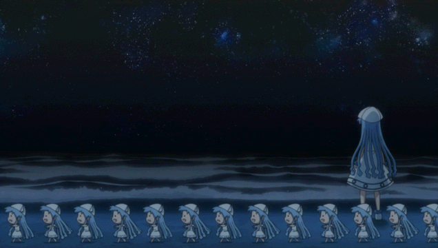 animated_gif beach blue_hair cap chibi clone from_behind gif hat ikamusume mini-ikamusume minigirl night ocean outdoors outside screencap shinryaku!_ikamusume solo tentacle_hair