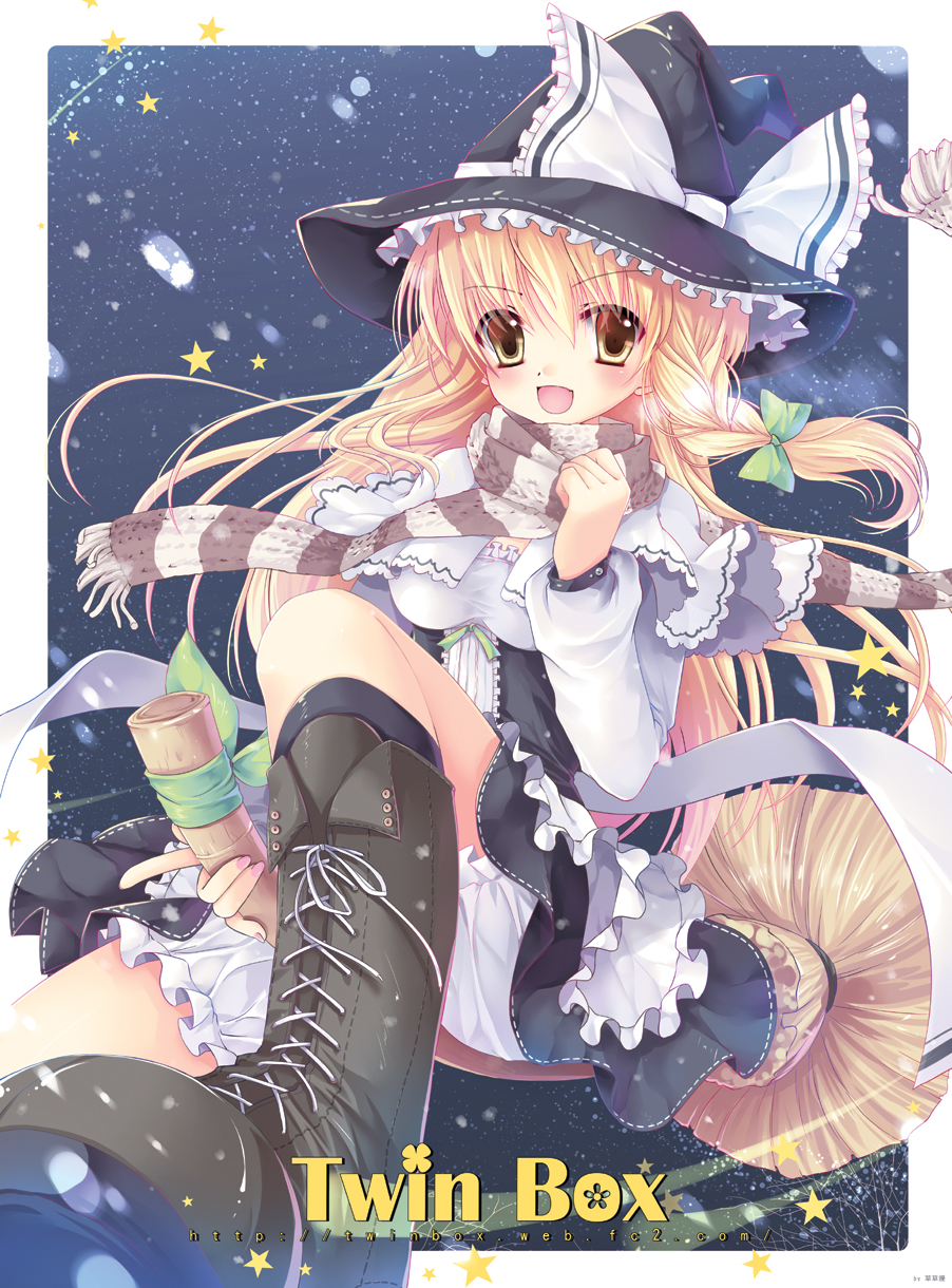 blonde_hair bloomers boots bow braid broom broom_riding cover cover_page cross-laced_footwear hair_bow hat highres kirisame_marisa lace-up_boots long_hair open_mouth perfect_cherry_blossom ribbon scarf snow solo sousouman star striped striped_scarf touhou witch witch_hat yellow_eyes
